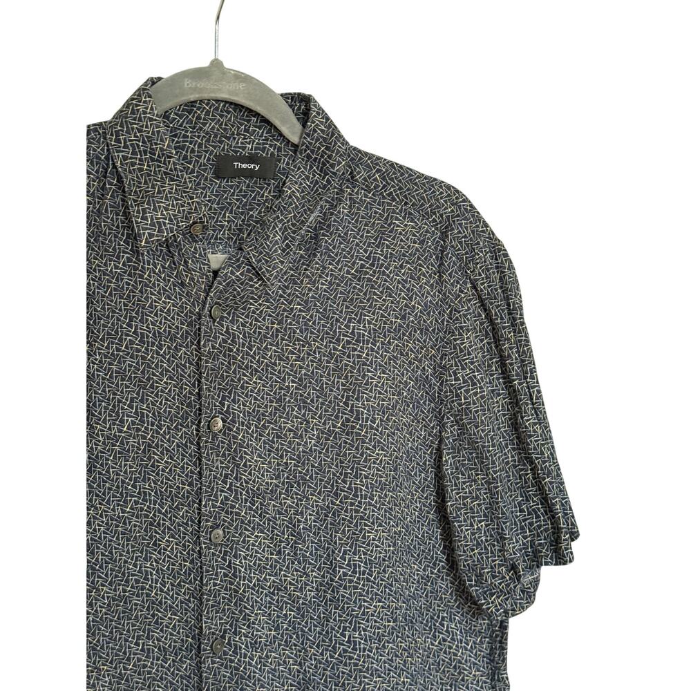 Theory Shirt Men's Medium 100% Linen Short Sleeve Buttoned Geometric Dark Blue